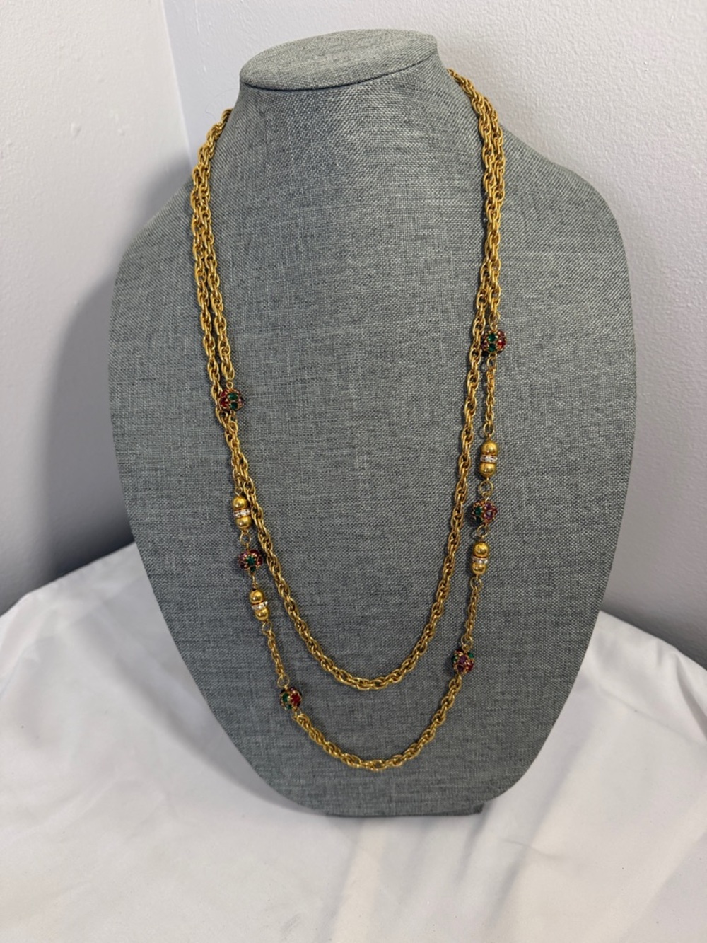 Gold-Tone Double Strand Beaded Necklace with Colorful Accents